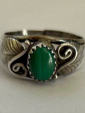 Vintage Sterling Silver Malachite Ring Leaves Swirls Sz 9 Ornate